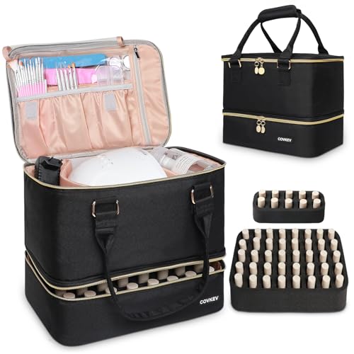 Nail Polish Organizer Hold 50 Bottles (15ml/0.5 fl.oz)& Nail Lamp, Double Layer Nail Bag Organizer Case with Handle, Large Nail Supplies& Kit Storage Case for Women Travel (Black& Golden)