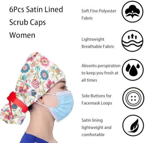 6Pcs Satin Lined Scrub Caps Women, Adjustable Surgical Caps for Women, Nurse Caps for Women Men with Button and Sweatband