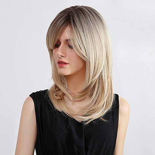 Long Layered Blonde Wigs for Women Synthetic Hair Wig with Bangs Natural Wavy Heat Resistant Wigs for Daily Party Use