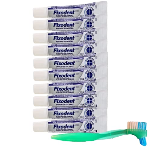 Fixodent Professional Denture Adhesive Cream 10g, Travel Size (Pack of 10) with Chevaux Denture Brush