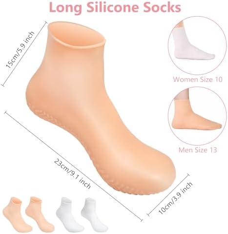 Silicone Moisturizing Socks for Dry Cracked Feet - 2 Pairs, XL Long Size, Non-Slip Heel Socks for Women and Men - High Stretch Foot Care Pedicure - White & Beige