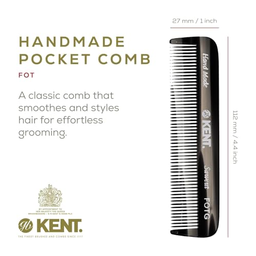 Kent A FOT Handmade Pocket Comb for Men, Women and Kids, All Fine Tooth Hair Comb Straightener for Everyday Grooming and Styling Hair, Beard and Mustache, Saw Cut and Hand Polished, Made in England
