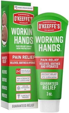 O'Keeffe's Working Hands Pain Relief Cream Skin Protectant with 4% Lidocaine and Cooling Peppermint Oil for Instant Relief from Pain, Itching, Irritation and Dryness, 3oz Tube