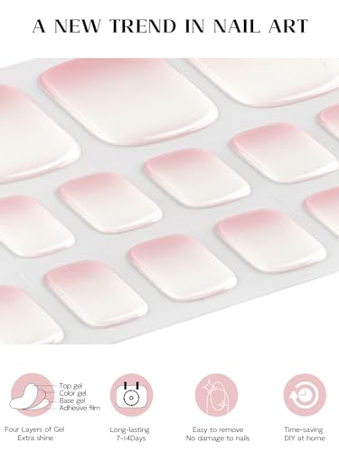 Kalolary White Gel Toenail Strips, Pink Gradient Toenail Stickers Pedicure Strips Long Lasting Salon Quality Nail Wraps with Nail File & Wood Stick(UV/LED Lamp Required
