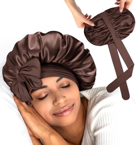Silk Bonnet for Sleeping Women Double Layer HYALURONIC Acid Infused Satin Bonnet with Tie Band Sleep Cap for Curly Hair