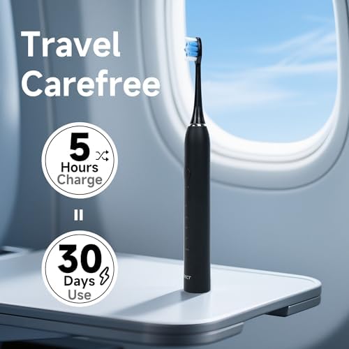 PERECT Sonic Electric Toothbrush for Adults, 6 Brush Heads, 5 Modes Electric Toothbrush, Travel Rechargeable Power Toothbrush with Smart Timer & Soft Picks, IPX7 Waterproof, Black