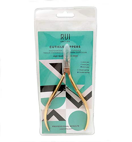 Rui Smiths Professional Cuticle Nippers, Gold-Plated Carbon Steel, French Handle, Double Spring, 6mm Jaw (Full Jaw)