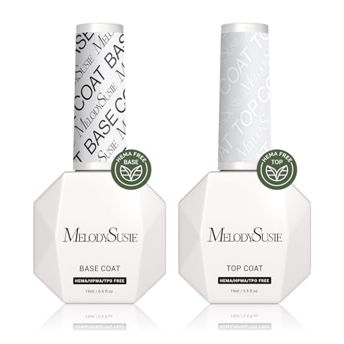 MelodySusie Hema Free Gel Polish Base and Top Coat Set, 2PCS 0.5 Fl Oz Long Lasting Soak Off UV No Wipe Glossy Top Coat and Base Coat for Nail Polish, Nail Art Design Manicure Kit Salon Home