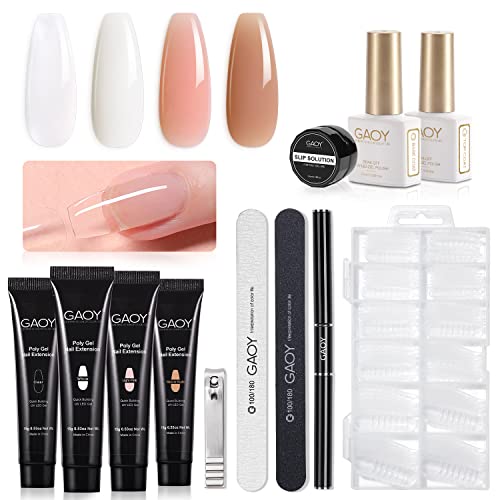 GAOY Poly Nail Extension Gel Kit of 4 Colors with Top Coat Base Coat Dual Forms and Tools Nail Enhancement All-in-One Builder Gel French Manicure Kit