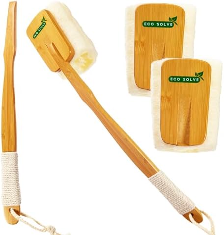 Natural Loofah Shower Scrubber w/Removable Bamboo Handle, Gentle Exfoliation, Long-Ergonomic Handle w/Hemp Rope Grip, Extra Loofah Included for Close Washing, Plastic-Free, Eco-Friendly