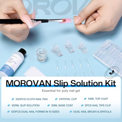 Morovan Poly Gel Slip Solution - 4oz Slip Solution for PolyGel Nails Anti-Stick Extension Gel Kit with Base Coat Top Coat Nail Cleaner Dual Nail Forms
