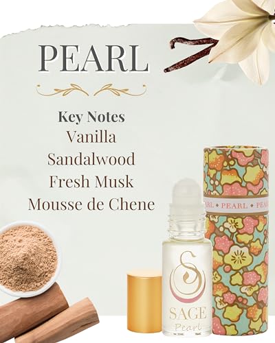 Pearl Organic Perfume Oil Roll On 1/8 oz, Long Lasting Subtle Sandalwood Vanilla Musk Perfume for Women, Vegan and Cruelty-Free Perfume by Sage, Made in USA