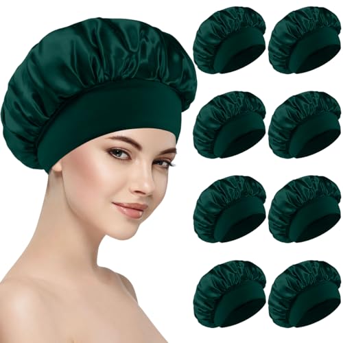 8 PCS Satin Hair Bonnet for Women | Elastic and Reusable Shower Hair Caps | Satin Bonnet for Sleeping Women, Shower Caps | Double Layers Hair Cap | Environmental Protection | 11.8 Inches, Dark Green