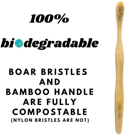 Gaia Guy Natural Bristle Bamboo Toothbrush with Boar Bristles - Totally Biodegradable and Compostable - No Nylon Toothbrushes - Zero Waste 12-Pack