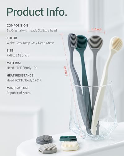 DEARCUS Korean Tongue Scraper with 3 Replaceable Heads - 100% BPA Free TPE Tongue Cleaner - Reduce Bad Breath & Without Hurt - Hygienic Scraper - Modern & Simple Design (White)