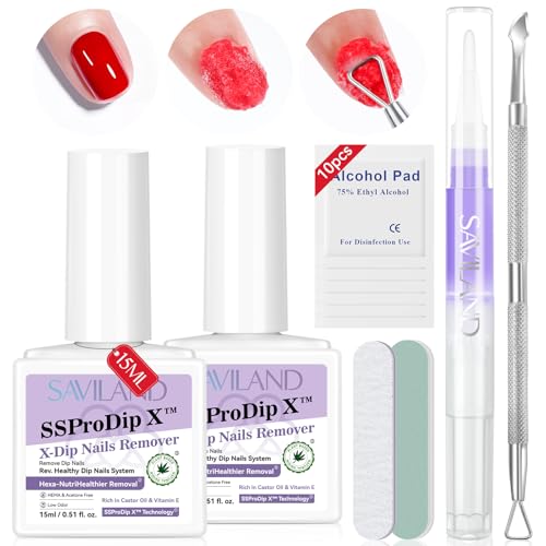SAVILAND Dip Powder Remover 2 Pcs: Professional Dip Nail Remover Kit Gentle & Safe Remove Dip Nails With Cuticle Oil Nail File Tools No Need Soaking Or Wrapping 0.5 Floz Home Use