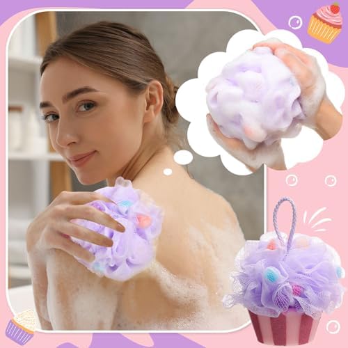 4 Pcs Cupcake Bath Loofah Sponge Cartoon Body Scrubber Loofah Soft Mesh Exfoliating Bath Scrubber Shower Ball for Shower Sponge Gifts Exchange Birthday Party