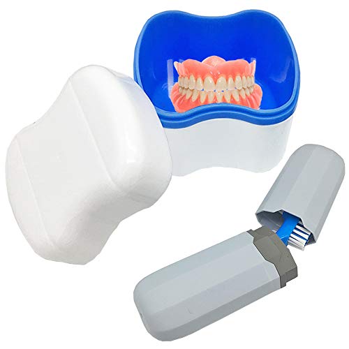 Denture Case Kit - 2 Bath Cups, 2 Brushes & 2 Portable Toothbrush Boxes, Retainer Bath With Lid, Cleaning Boxes, Travel Toothbrush Kit
