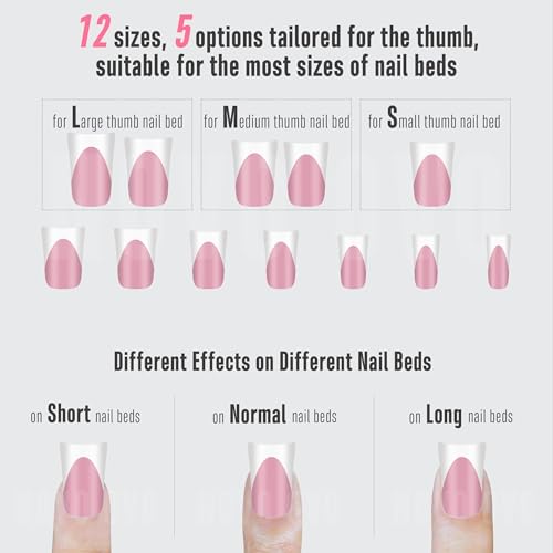 French Tip Short Duck Nail Tips Press on, Pre-designed Soft Gel Nail Extension, BERRY PINK Pre-applied Tip Primer & Base Coat, Full Cover Matte Vrial False Nails for DIY x 12 Sizes 240 pcs