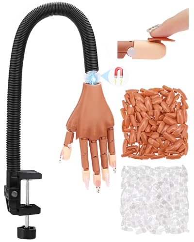 Practice Hand for Acrylic Nails, Flexible Nail Practice Hands Magnetic Fake Hands for Nails Practice, Movable Nail Mannequin Hand with 200PCS Nail Tips for Beginners,13.9 * 6.2 * 1.9