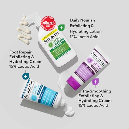AmLactin Award-Winning Essentials Skin Care Set - Daily Nourish 12% Lotion, Ultra Smoothing Cream, Foot Repair Cream & Moisturizing Socks - Lactic Acid Moisturizer Gift Set for Whole-Body Skin Renewal