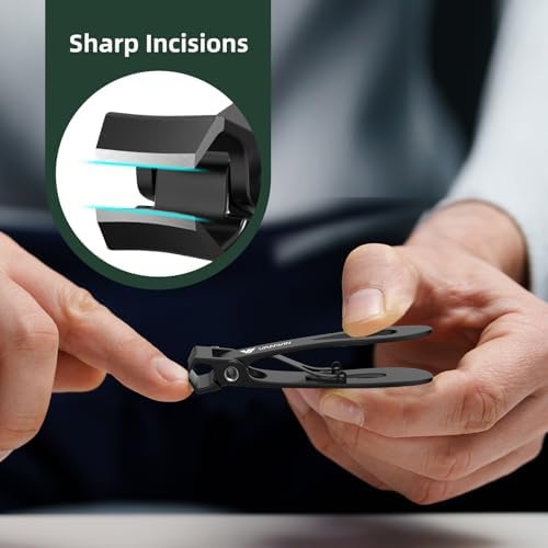 German Nail Clippers for Men, VANWIN Toenail Clippers for Thick Nails for Seniors with 16mm Wide Jaw, Ergonomic Heavy Duty Angled Head Toe Nail Clippers with Catcher Fingernail Clipper for Women Black