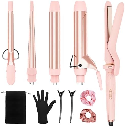 Ufree 5 in 1 Curling Iron with Ceramic Barrels (0.35"-1.25"), Curling Wand Set with Flat Iron Hair Straightener, Instant Heat Up, Dual Voltage Hair Curler, Gifts for Women, Pink