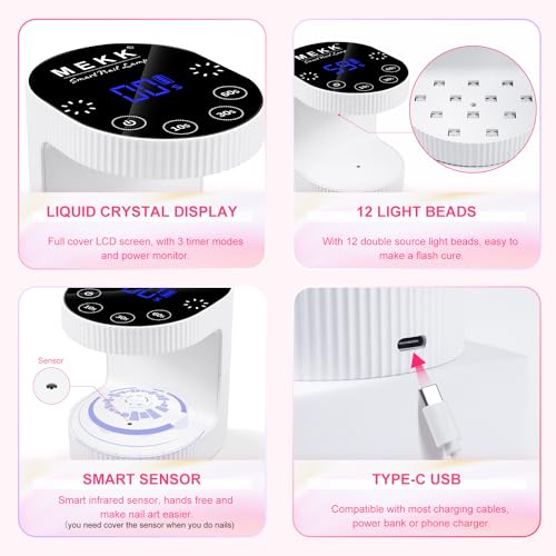 MEKK Cordless Mini UV Light for Gel Nails - 24W Rechargeable Mini UV LED Nail Lamp with Touch Control & Auto Sensor,Small Flash Cure Lamp,4 Timers,Portable Nail Light for Salon & Home(White)