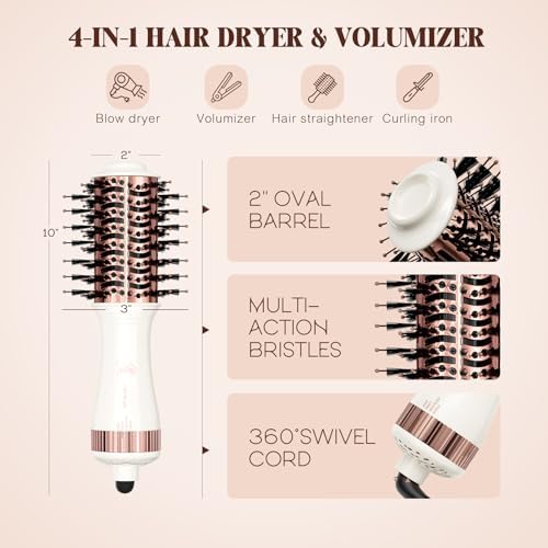 Travel Hair Dryer Brush, Nano Titanium 2 Inch One Step Hair Dryer & Styler Volumizer, Mini Oval Hot Air Brush, White and Rose Gold, HB004