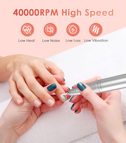 Portable Electric Nail Drill File: 40000RPM Professional Nail Drill with Bits & Base, Pink Diamond Rechargeable Nail E File Machine for Remover Gel Nail Polish Acrylic Nails Manicure for Salon Home