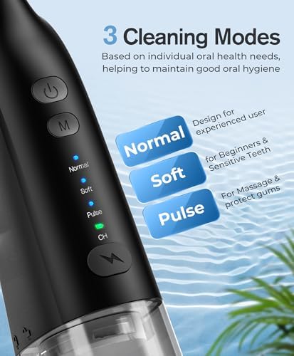 Demita Cordless Water Flosser for Teeth, 300ML 3 Modes 5 Jet Tips Portable Electric Flosser Pick for Adults, IPX7 Waterproof Oral Irrigator Cleaning Kit for, Gums, Braces Care(Black)