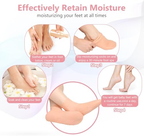 Silicone Moisturizing Socks for Dry Cracked Feet - 2 Pairs, XL Long Size, Non-Slip Heel Socks for Women and Men - High Stretch Foot Care Pedicure - White & Beige