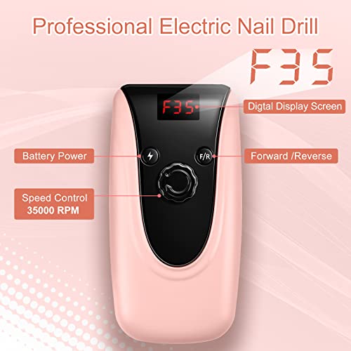 Rechargeable Professional Nail Drill Machine - Madenia 35000 RPM Portable Electric Nail File E File for Acrylic Gel Nails, Manicure Pedicure Polishing Tools with Display Screen, Pink