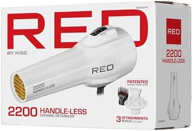 Red by KISS HandleLess Blow Dryer 2200W Ceramic Tourmaline White Color, 3 Heat Settings, Pik and Diffuser Included Comfortable Grip, Ionic for Frizz-Free Shine, Detangler & Straightening