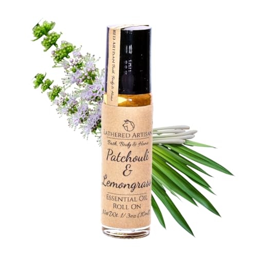Patchouli & Lemongrass - Natural Essential Oil Perfume by Lathered Artisan - Alcohol-Free Plant Based Oil Perfume and Cologne, Nourishing, and Uniquely Handcrafted (Patchouli & Lemongrass - Roll On)