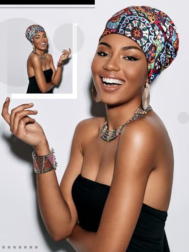 Sintege 6 Pcs Satin Lined Bonnet Sleep Cap for Women Men African Silk Soft Beanie Hair Sleep Wrap for Natural Curly Braids