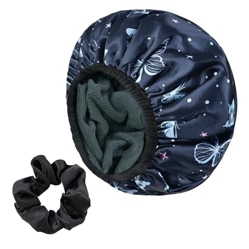 Blue Butterfly Print Satin Shower Cap, Three-Layer Terry Cloth Lined, with Silk Hair Ties, Microfiber Waterproof Reusable Large Size Shower Cap for Women Long Thick Hair
