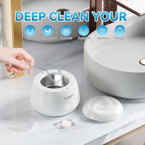 KUNPHY Ultrasonic Retainer Cleaner, 48kHz Denture Cleaner Machine with Cleaning Tablets, Water-Proof Dental Cleaning Pod for Deep Cleaning Night Guard, Mouth Guard, Aligner, Jewelry, White