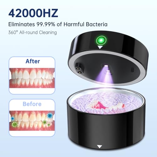 Rechargeable Ultrasonic UV Retainer Cleaner, 5000mAh Battery, Sonic Dental Cleaning Machine for All Dentures, Aligners, Braces, Retainer, Mouth Guards, Jewelry, Portable 42kHz (Black)
