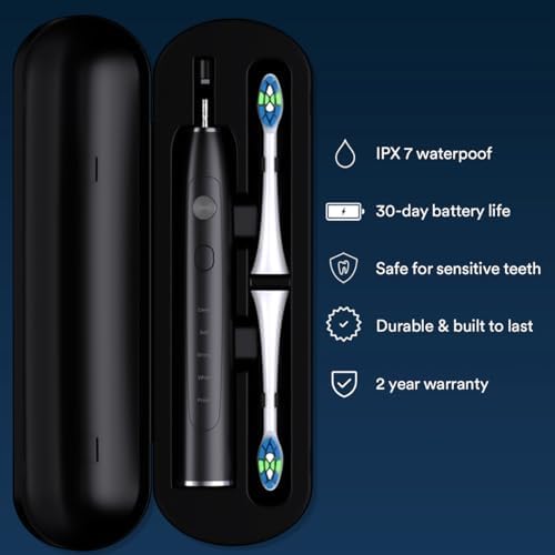 AURAGLOW Sonus Electric Toothbrush, 5 Cleaning Modes, 2 Brush Heads & Travel Case, 40,000 VPM Sonic Toothbrush & Wireless Charging, 30-Day Battery Life with Smart Timer, Black