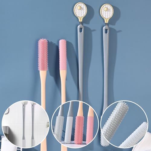Long Handled Silicone Toe Cleaner, Soft Rubber Brush, Exfoliating Foot Scrubber for Shower - Seniors, Men and Women (Gray)