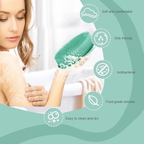 Soft Silicone Body Scrubber 3 PCS Silicone Body Shower, Silicone Loofah 2 in 4 Bath and Shampoo Brush, Body Scrubber Shower Cleaning Exfoliating Use for Sensitive Skin, Lather Well, Black,Pink,Green