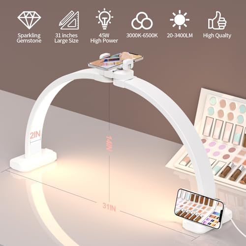 Upgrade 31" Wide-Body Large Half Moon Light for Nail Desk with Phone Holder for Nail Lamp, Foldable Arch Moon Light Tech Perfect for Professional Manicure (Large White)