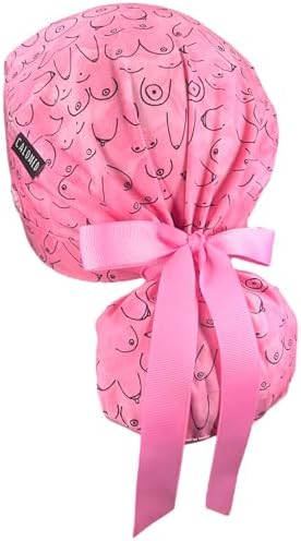 Scrub Cap for Women and Men, Ponytail Scrub Caps, Working Hat, Head Cover with Ribbon Ties and Buttons, Long Hair