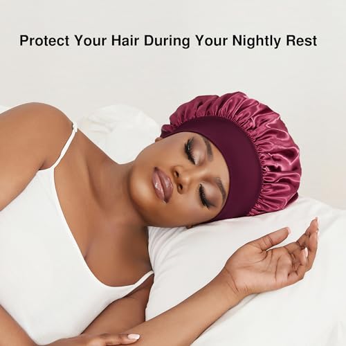 Satin Bonnet Silk Hair Bonnet for Sleeping Women Men Night Cap Sleep Bonnet Hat Hair Cap 9 Pack with Wide Band, Burgundy