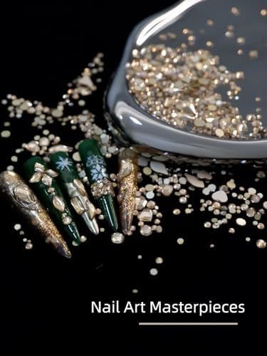 Gold Rhinestones for Nails, 6080Pcs Gold Nail Art Rhinestones Kit, 3D Flatback Crystals Diamonds for Nail Art Design, Mix Sizes Nail Charms and Gems(Picking Pen and Tweezers Included)