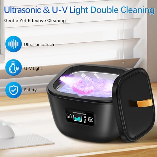 Retainer Cleaner Machine - 255ML Ultrasonic Denture Cleaner for Aligner Mouth Guard Toothbrush Ring Diamond, 45kHz LED Light Sonic Cleaning Machine for Jewelry, Dental Appliances