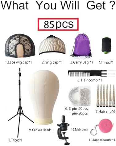 Wig Stand with Head 23 Inch Canvas Mannequin Head with Stand for Wigs Height Adjustable Tripod Wig Head Stand Wig Holder for Hair Styling with Extra Clamp Stand