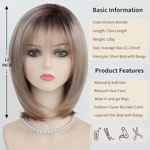 RENERSHOW Layered Blonde Bob Wigs for White Women with Bangs Straight Short Hair Wig Synthetic Ombre Blonde Highlight Bobo Haircuts Natural Daily Party Wig