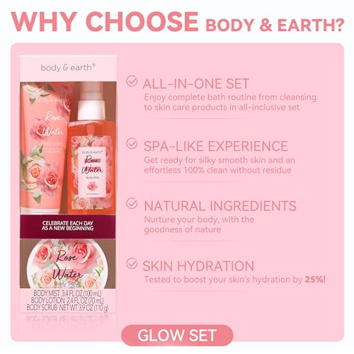 Body & Earth Gift Set - Spa Sets for Women, Perfume, Body Lotion, and Scrub in a Rose Water Box - Perfect Birthday Gifts for Mom Girlfriend Her